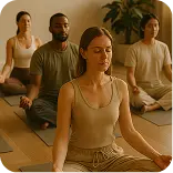 yoga students in meditation pose at yoga studio